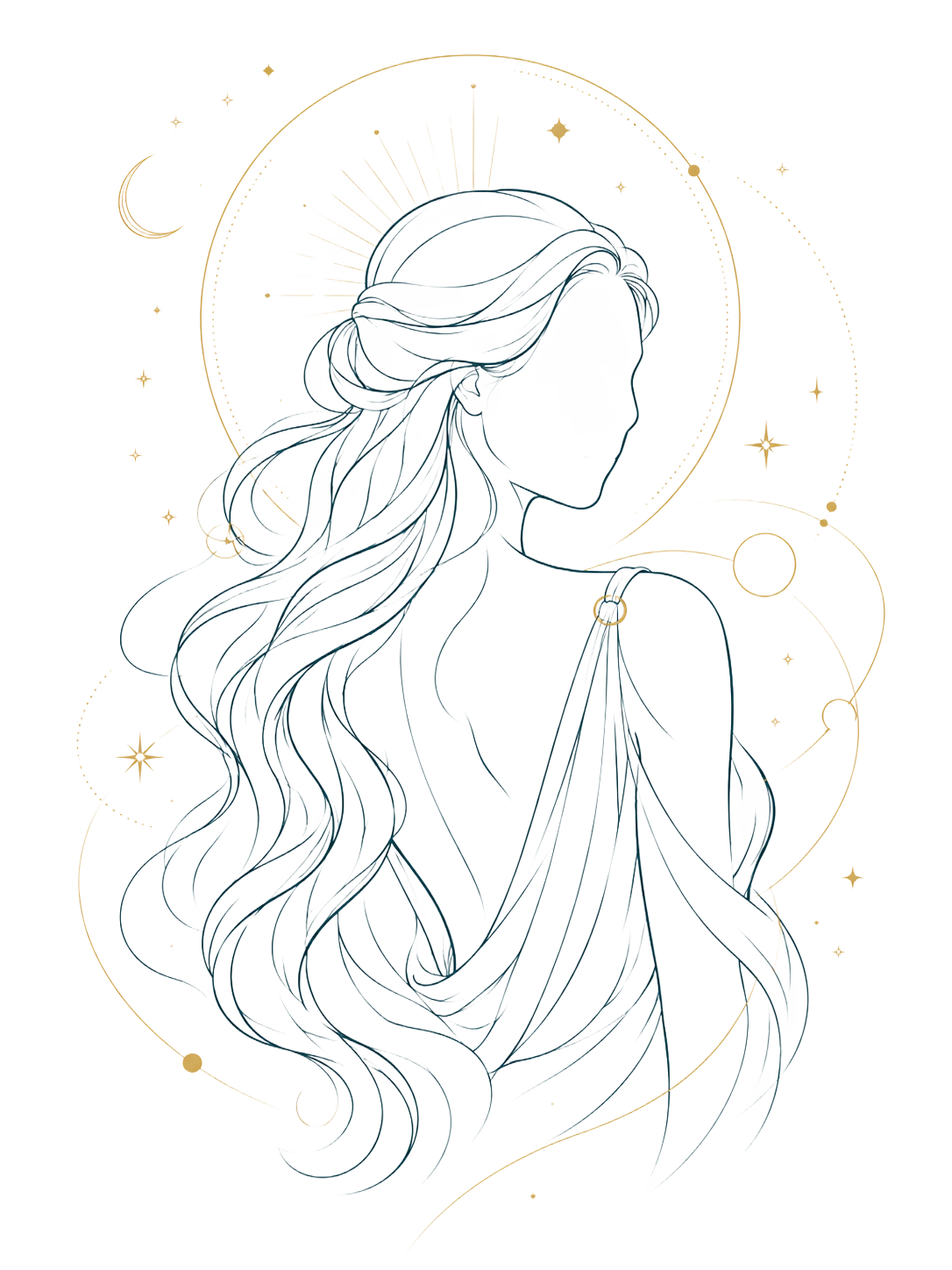 Line-art illustration of a Muse — a classical goddess figure with flowing hair, the Muse Marketing motif