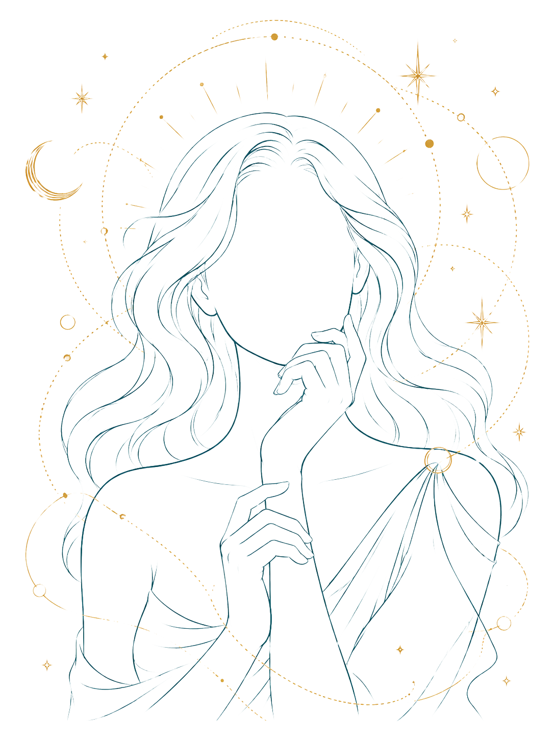Illustrated Muse figure — line-art goddess with cascading hair, the Muse Marketing signature motif